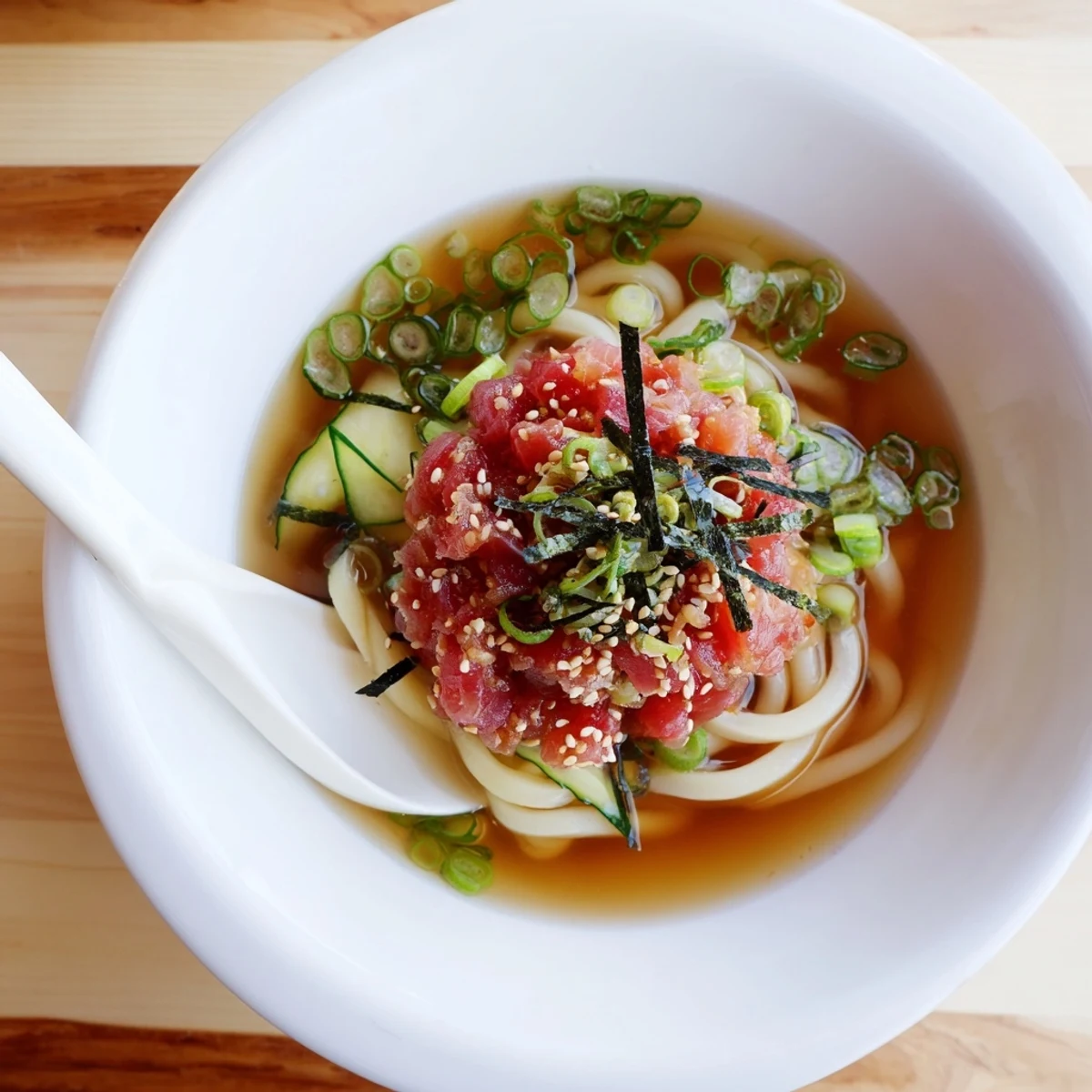 Steaming bowl of spicy tuna udon garnished with shredded nori and crisp cucumber slices