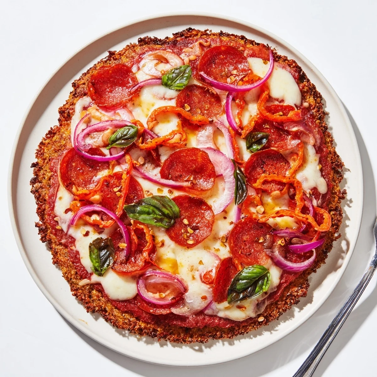 Golden pepperoni hot honey pizza with sweet potato crust drizzled in spicy sweet glaze