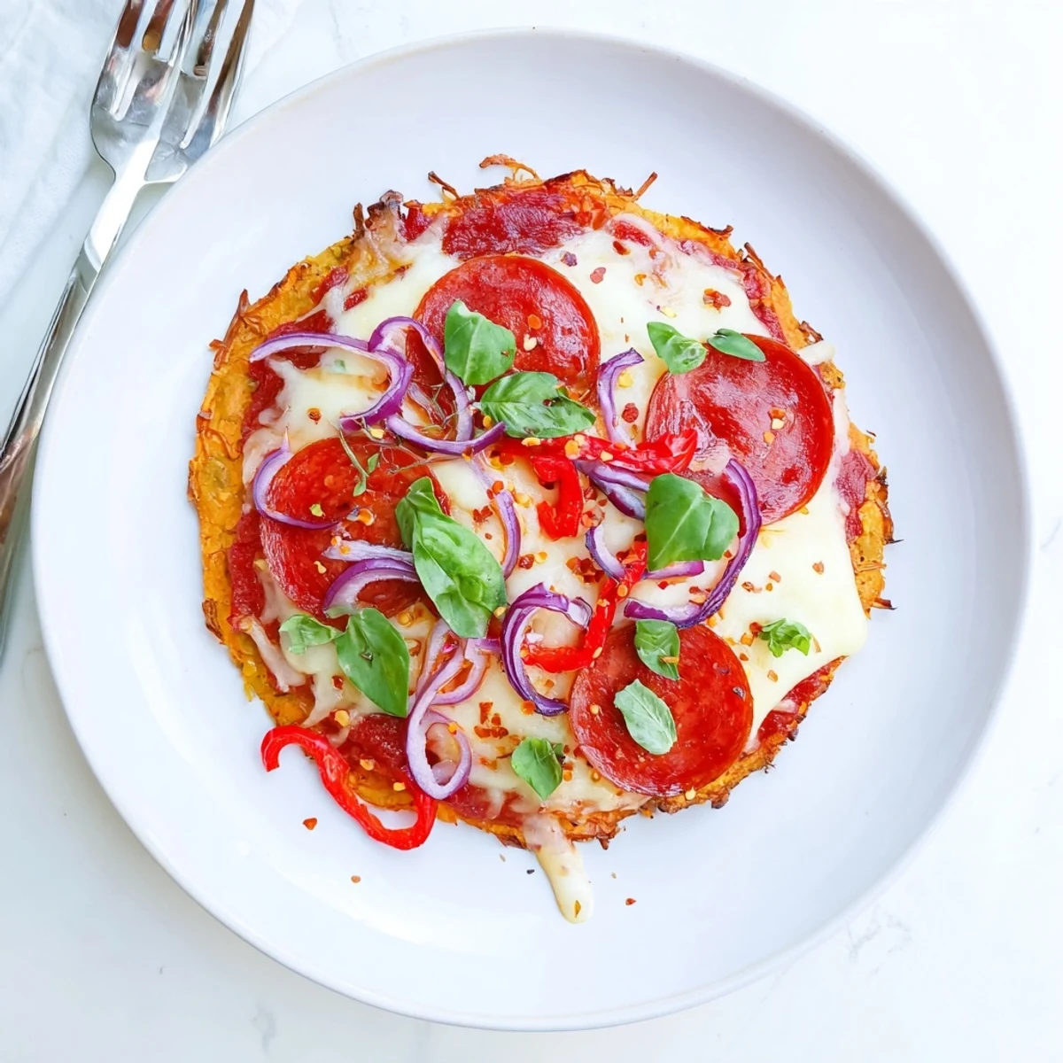 Gluten-free sweet potato crust pizza topped with melted mozzarella and crispy pepperoni slices