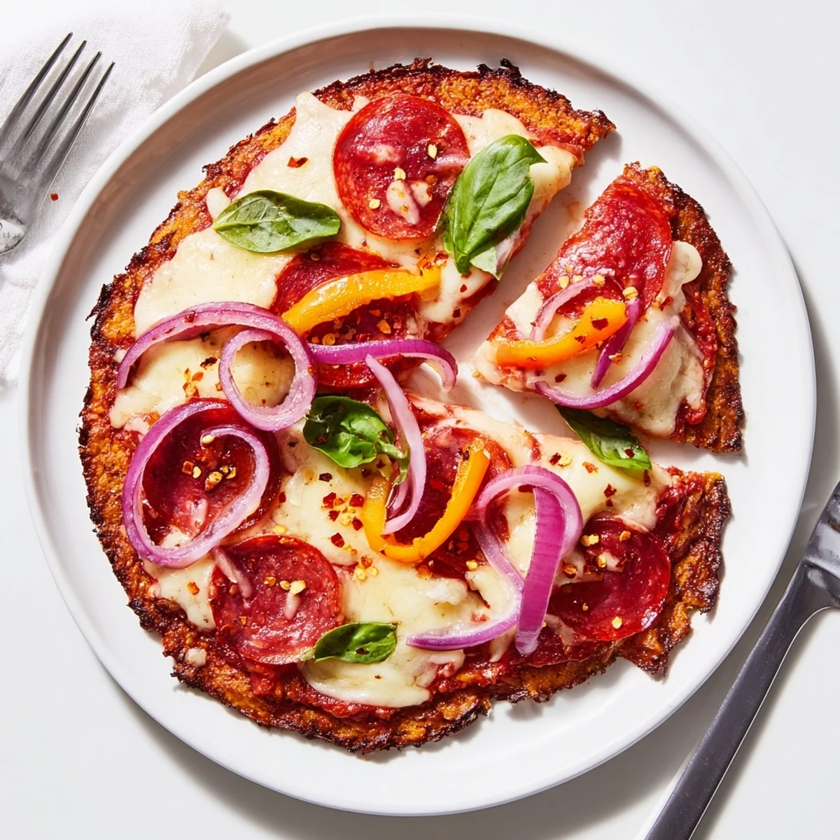 Sizzling pepperoni and cheese pizza on nutrient-packed sweet potato base finished with hot honey