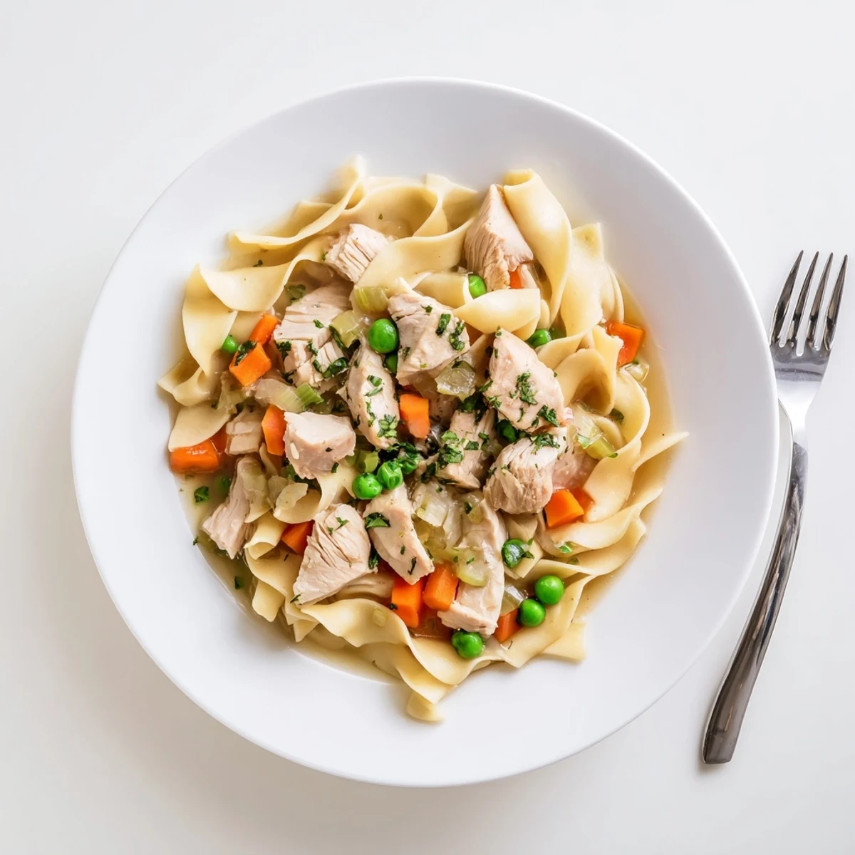 Golden brown chicken pieces simmered with egg noodles and carrots in a rich broth