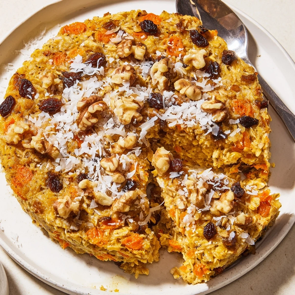 Golden carrot cake baked oatmeal sprinkled with walnuts and raisins, fresh from the oven