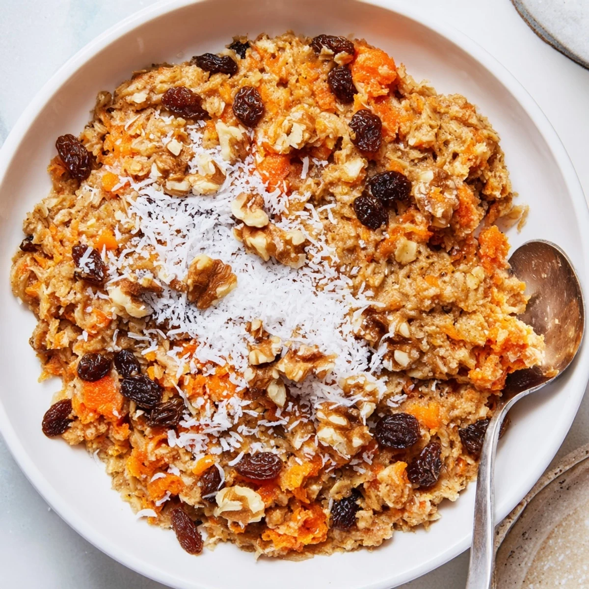 Warm spiced carrot cake baked oatmeal squares topped with grated carrots and sweet raisins