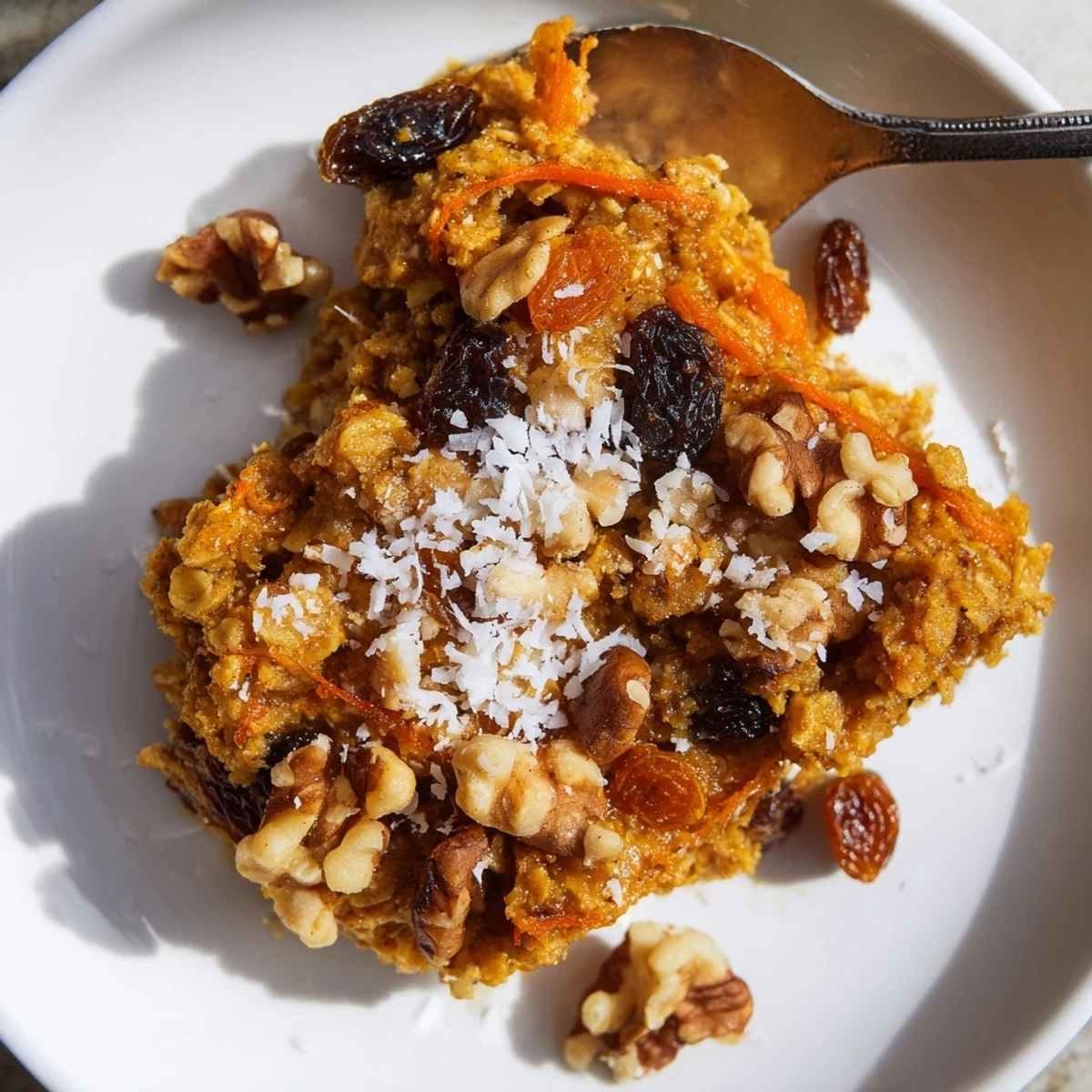 Wholesome breakfast bowl of carrot cake baked oatmeal with cinnamon and crunchy pecan topping
