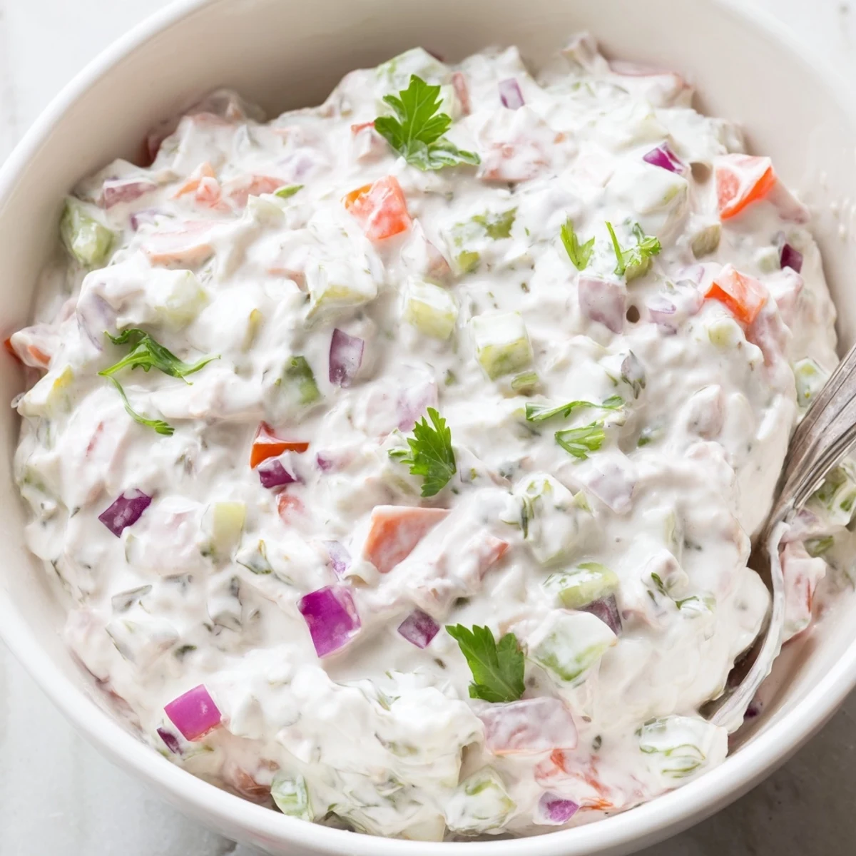 Creamy Grillos Pickle De Gallo Ranch Dip served in white bowl with colorful tomato, onion, and cilantro chunks throughout the tangy white mixture