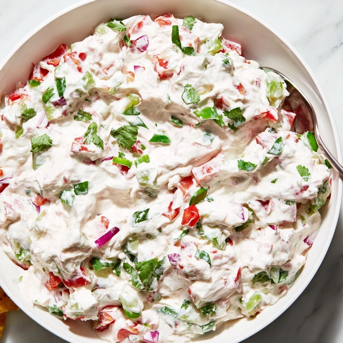 Thick and smooth Grillos Pickle De Gallo Ranch Dip topped with diced fresh tomatoes, red onions, and green cilantro sprinkles