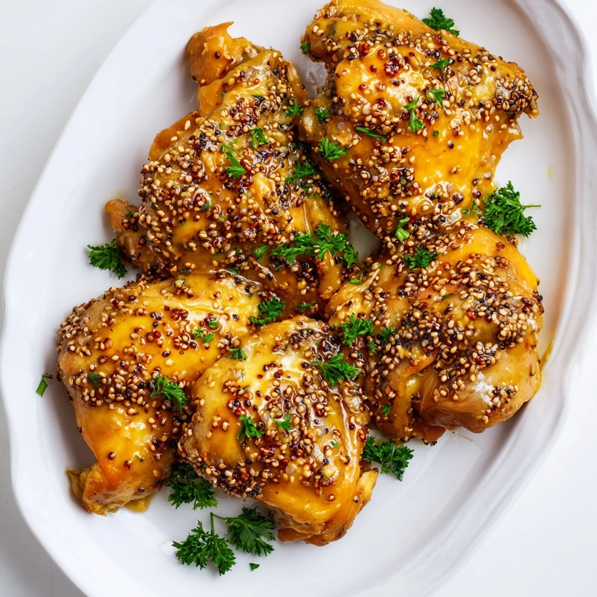 Juicy oven baked honey mustard chicken resting in a baking dish with caramelized honey mustard coating