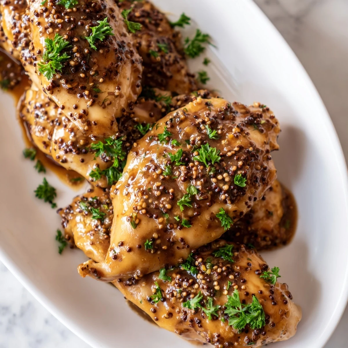 Golden baked oven honey mustard chicken breasts glazed with sweet tangy sauce on a white plate
