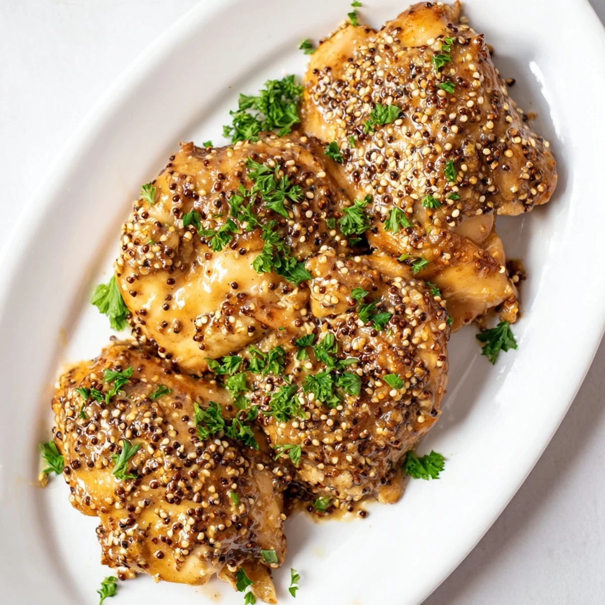 Family style oven baked honey mustard chicken garnished with fresh parsley ready for a comforting dinner