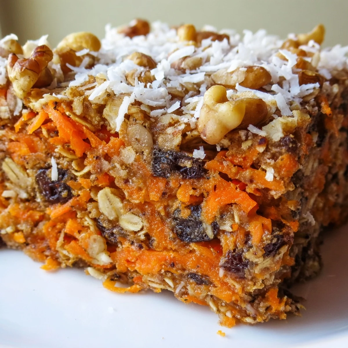 Warm carrot cake baked oatmeal served in a bowl with shredded coconut and a maple syrup drizzle