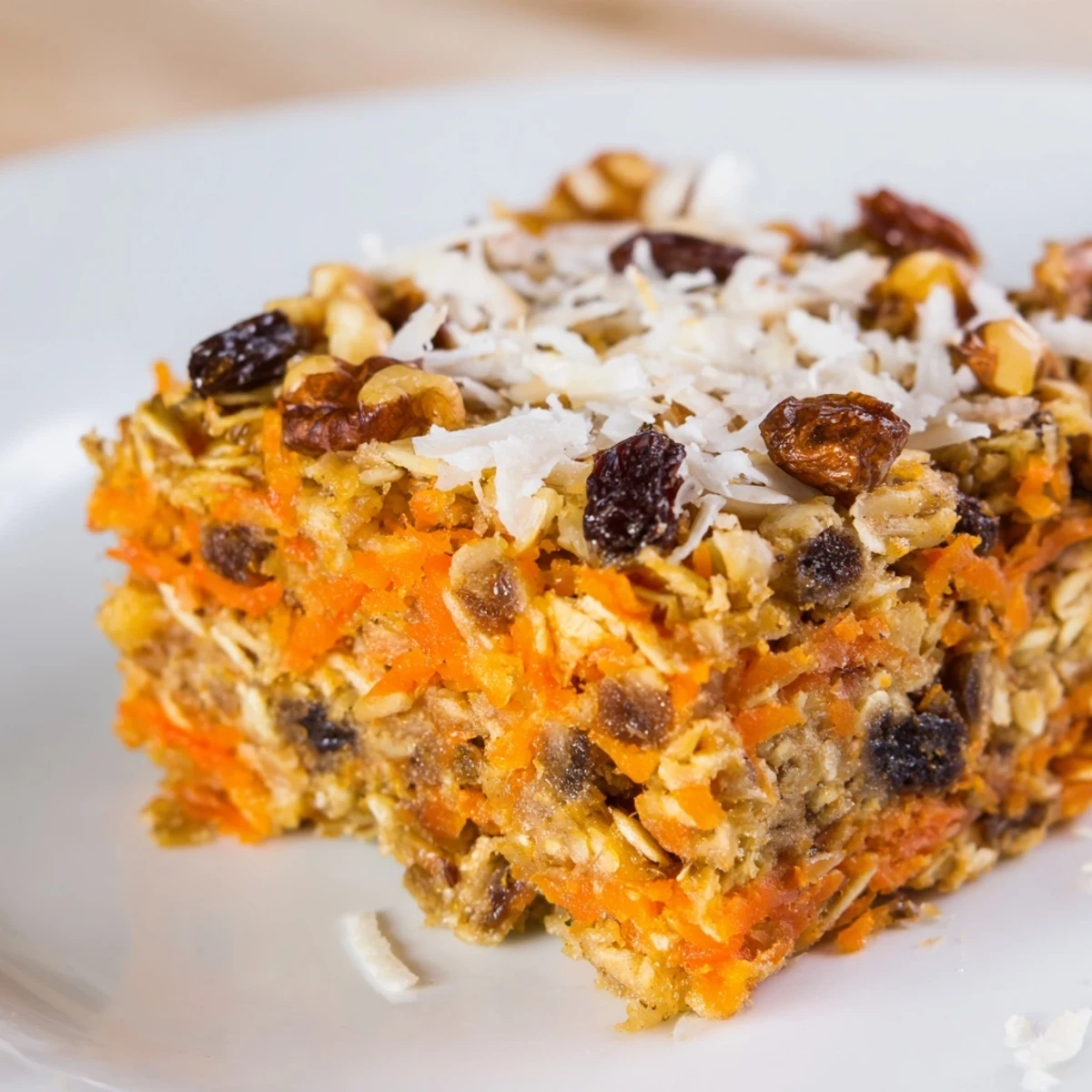 Golden baked oatmeal squares topped with grated carrots, walnuts, and raisins for a cozy carrot cake breakfast