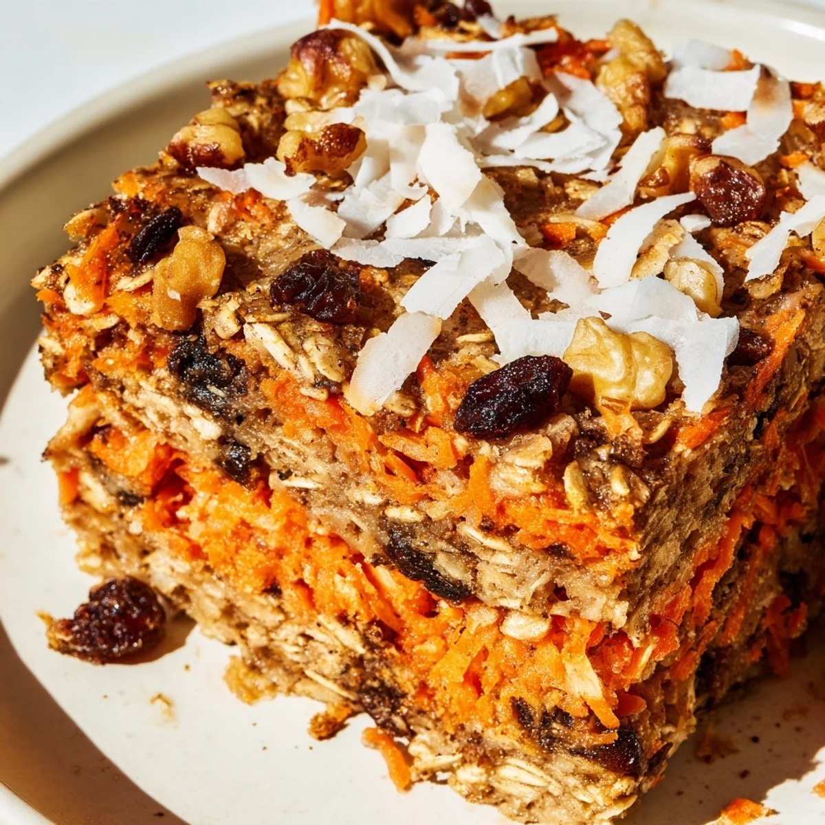 Freshly baked carrot cake oatmeal casserole with speckled carrots and crunchy pecans ready for meal prep