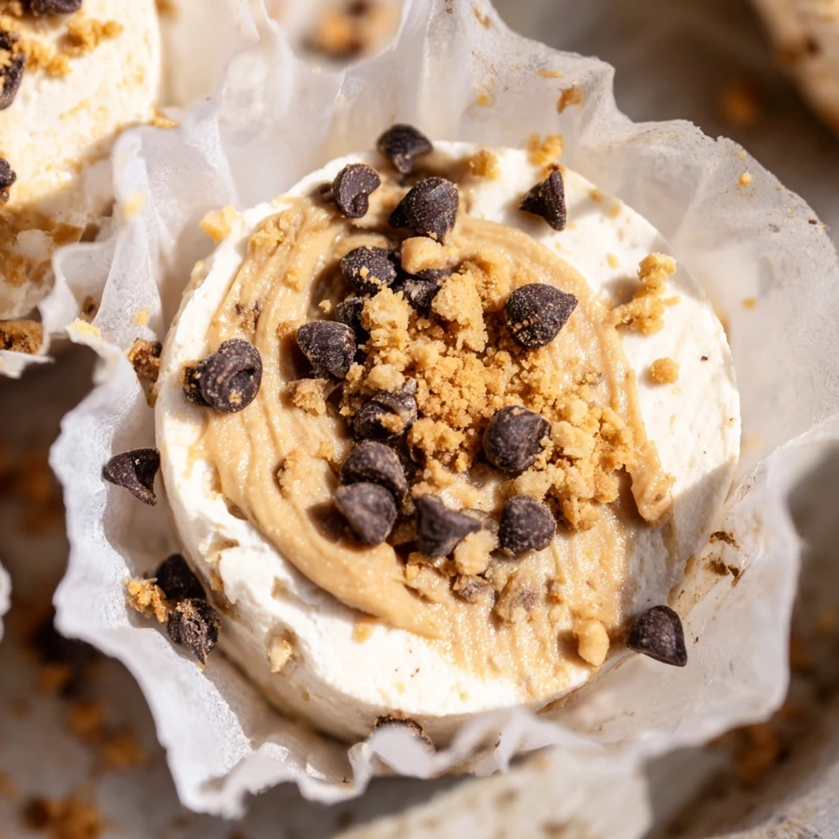 Homemade high protein frozen peanut butter Greek yogurt bites sprinkled with crushed peanuts on white plate