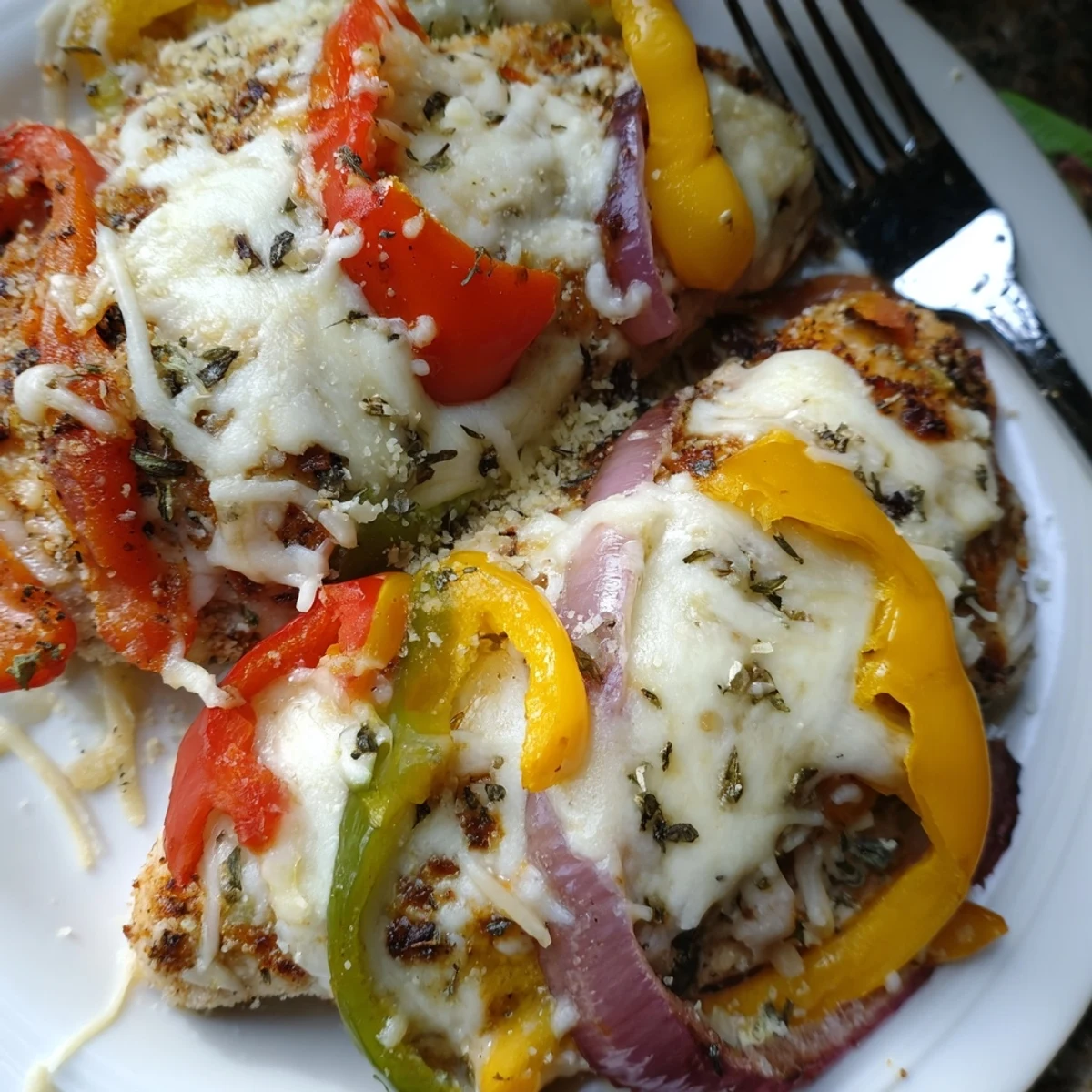 Golden melted cheese covers tender cheesy baked chicken breast and peppers in a baking dish