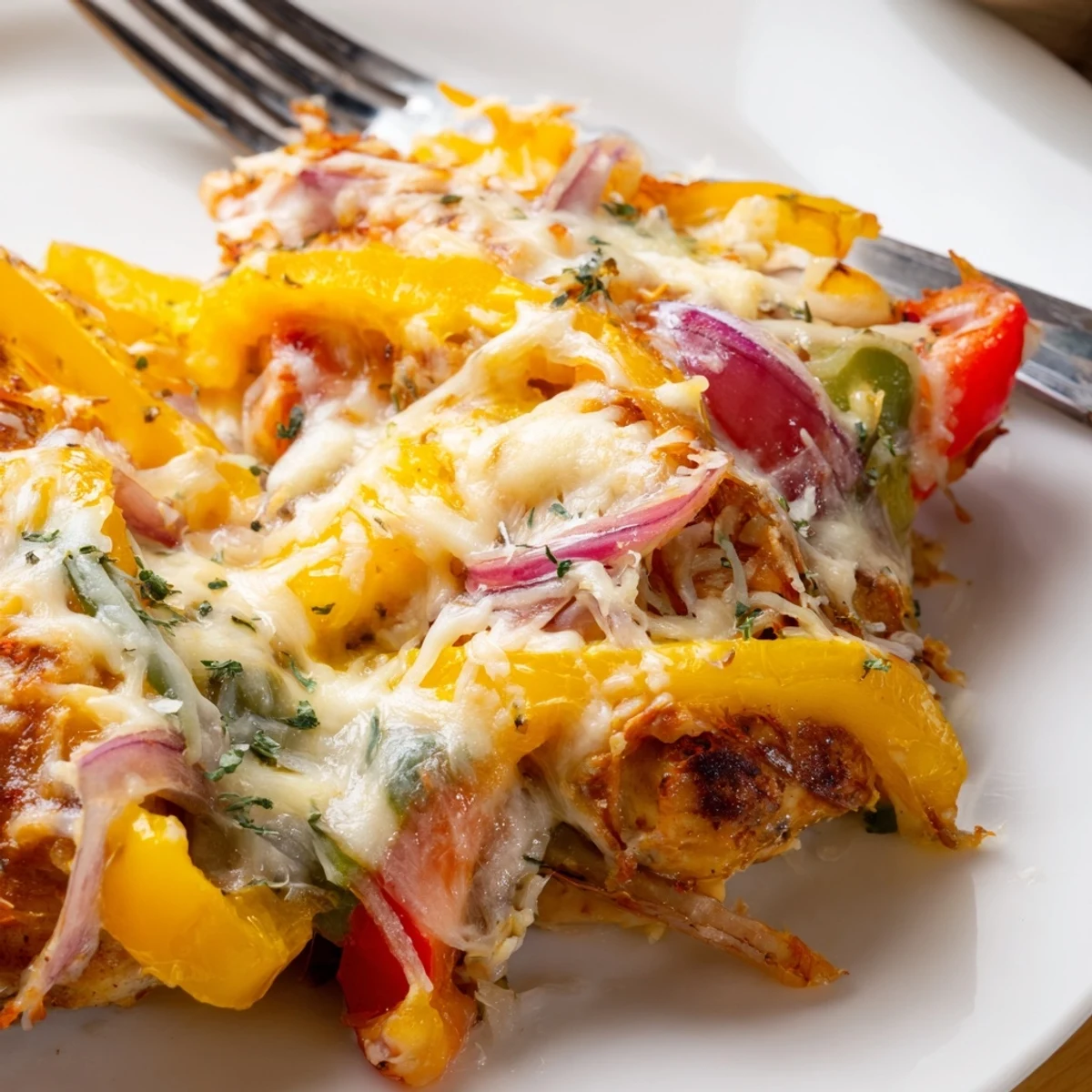 Colorful red yellow and green bell peppers surround cheesy baked chicken breast and peppers on a white platter