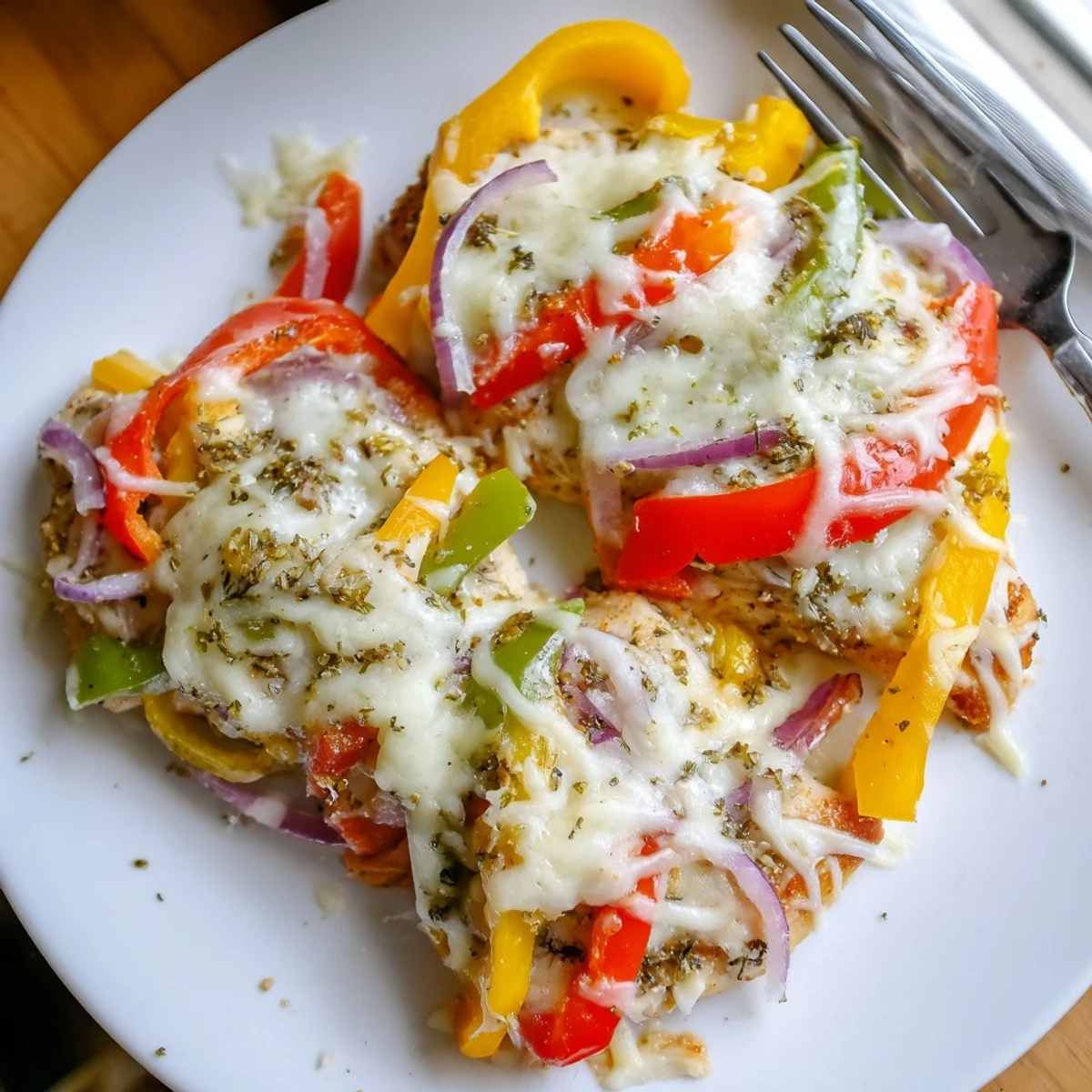 Savory cheesy baked chicken breast and peppers featuring bubbling mozzarella and sliced vegetables ready to serve