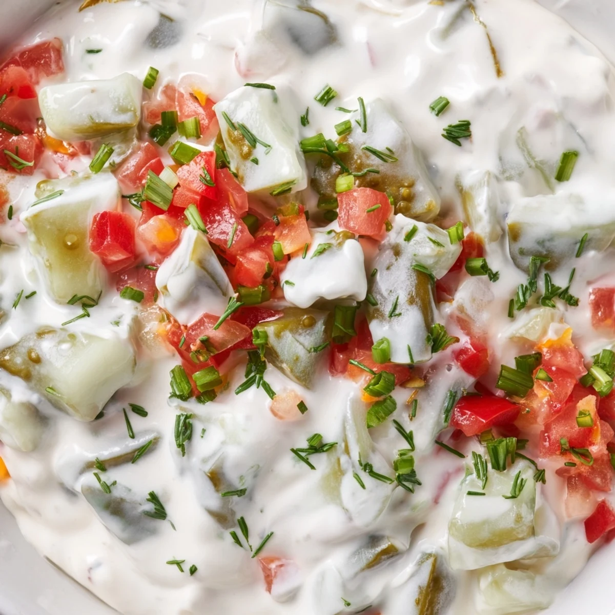 Creamy Grillos pickle de gallo ranch dip topped with fresh herbs and colorful pico de gallo