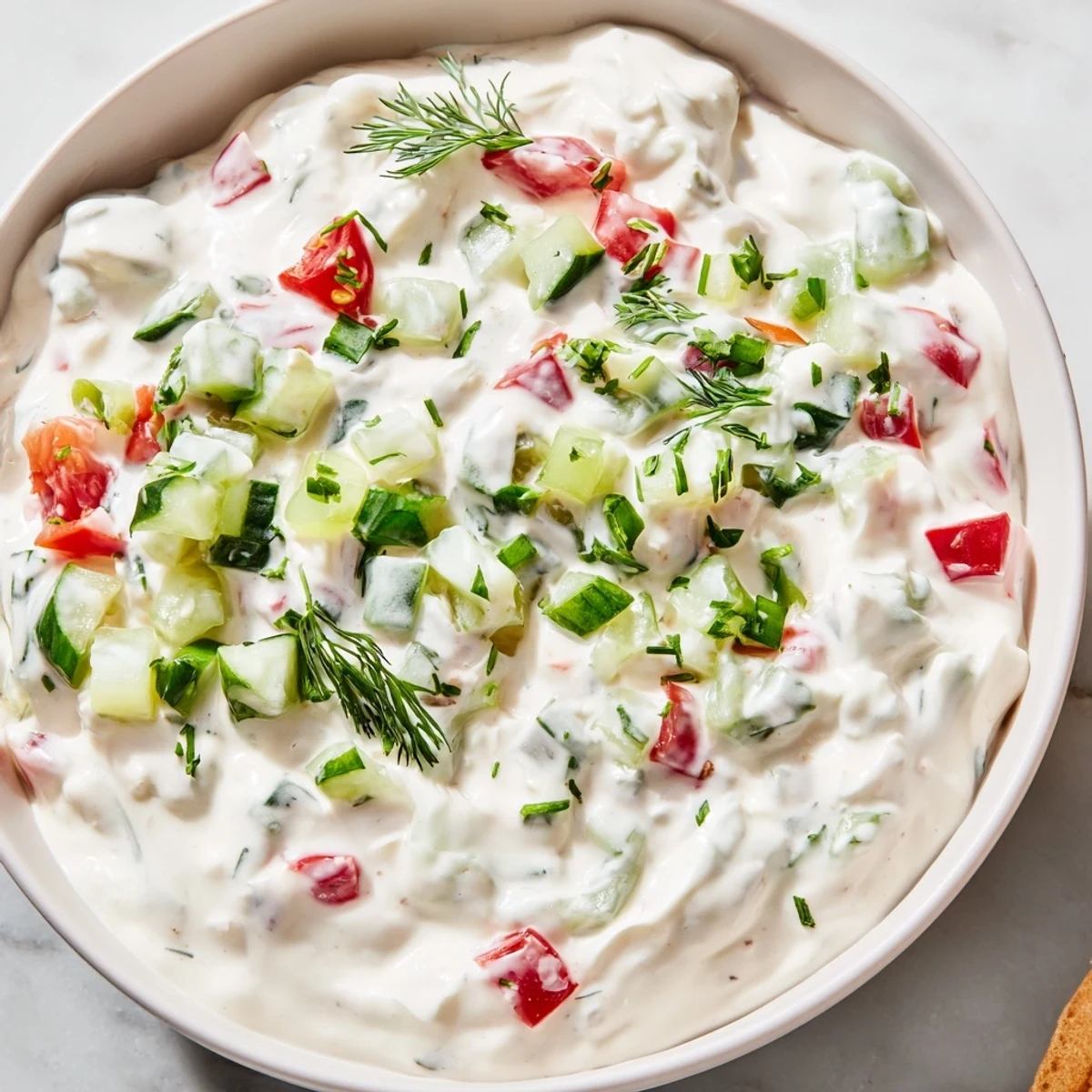 Serving bowl of zesty Grillos pickle de gallo ranch dip surrounded by crunchy tortilla chips