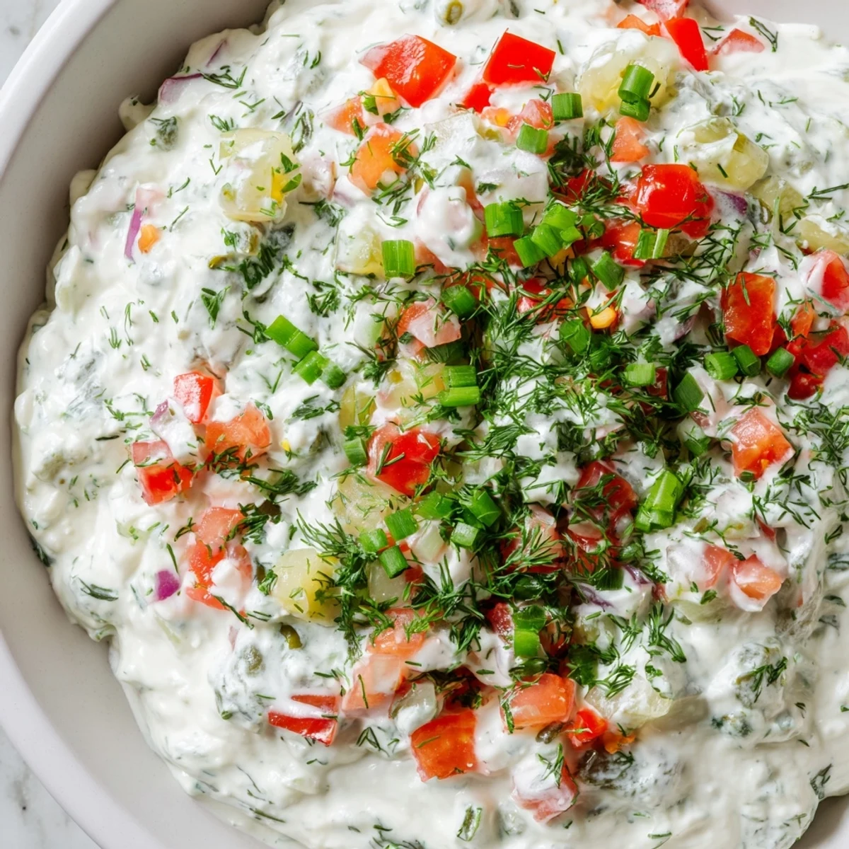 Thick white Grillos pickle de gallo ranch dip swirled with vibrant chopped vegetables and dill