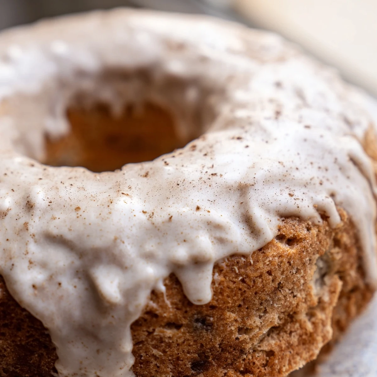 Golden banana bread donuts topped with sweet cinnamon glaze and powdered sugar