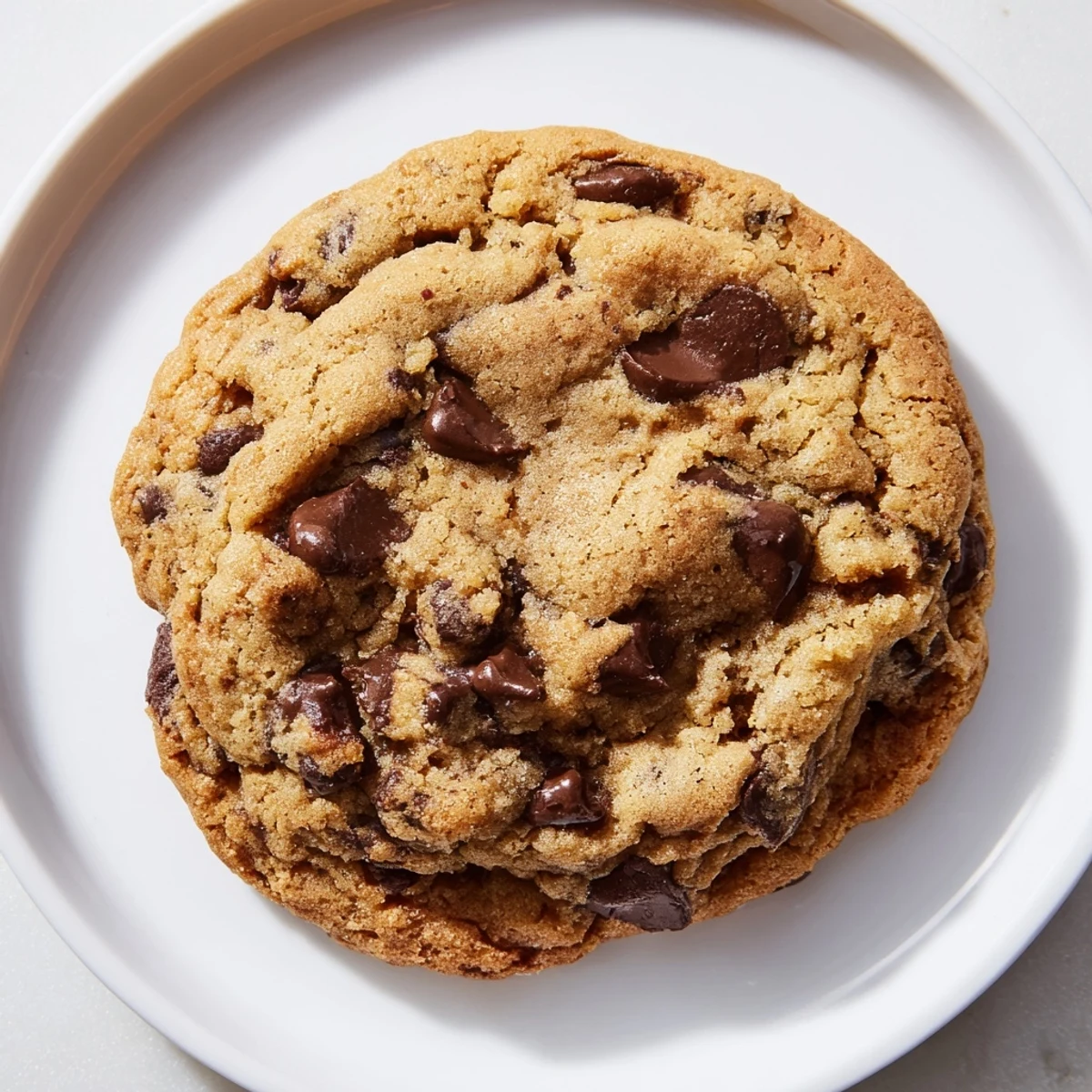 Freshly baked chewy chocolate chip cookies with melted chocolate puddles on a baking sheet