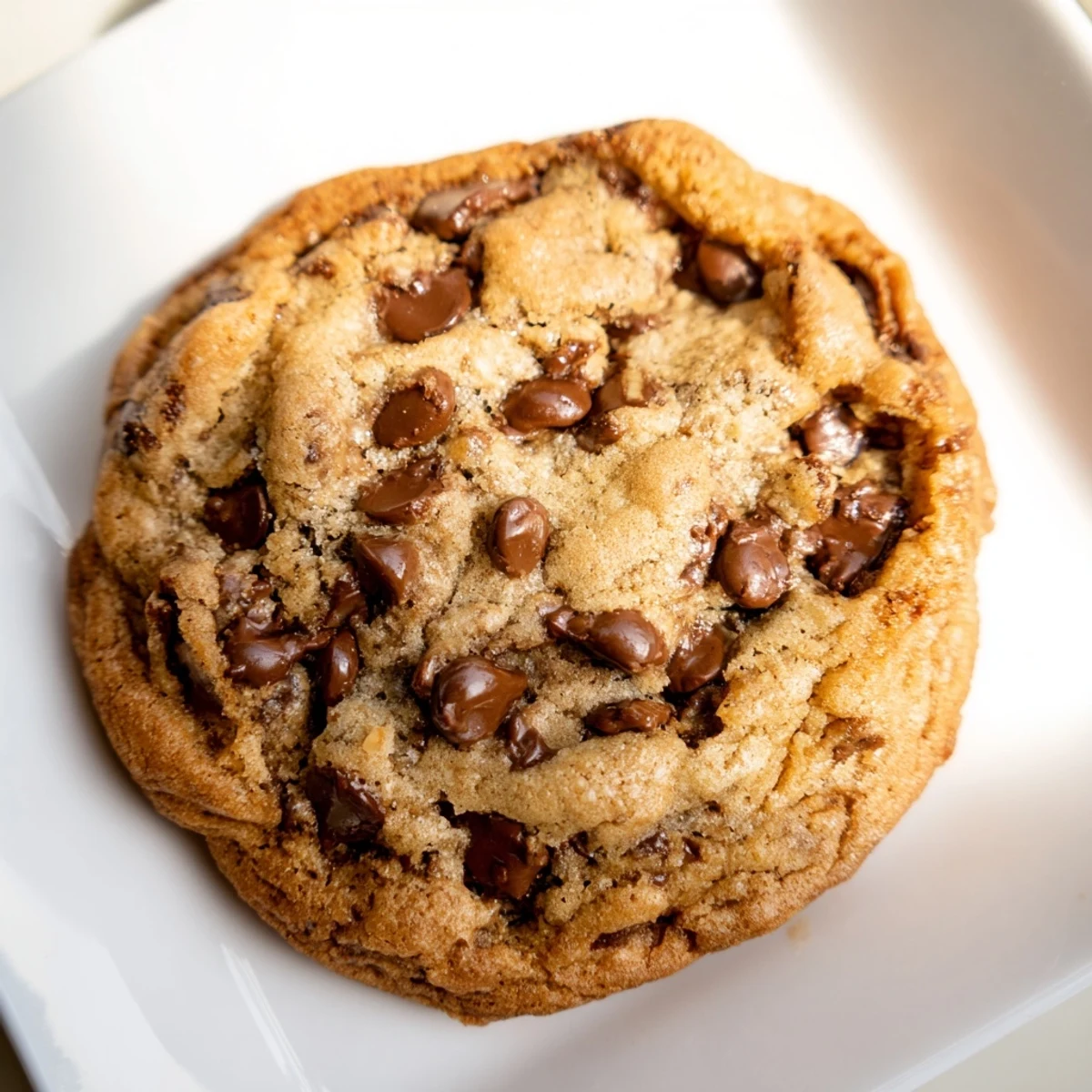 Soft thick chewy chocolate chip cookies stuffed with semisweet chocolate chips on a wooden board
