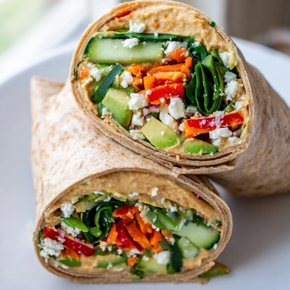 Mediterranean-style spinach hummus lunch wraps featuring crisp cucumber peppers and creamy avocado slices