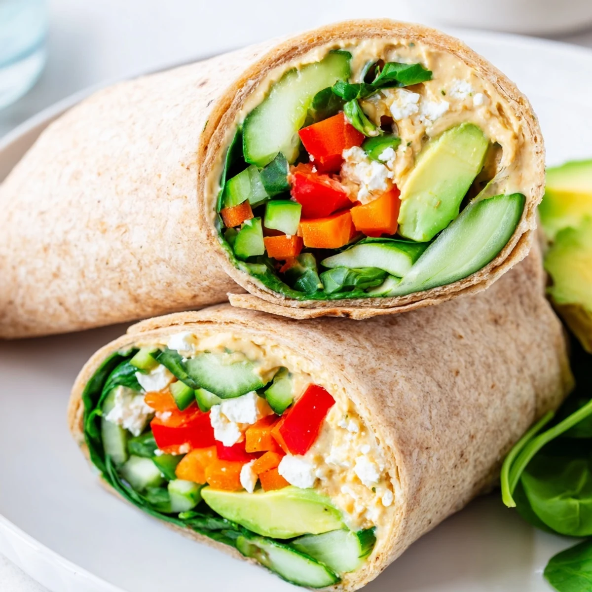 Fresh spinach hummus lunch wraps with colorful sliced vegetables rolled in whole wheat tortillas