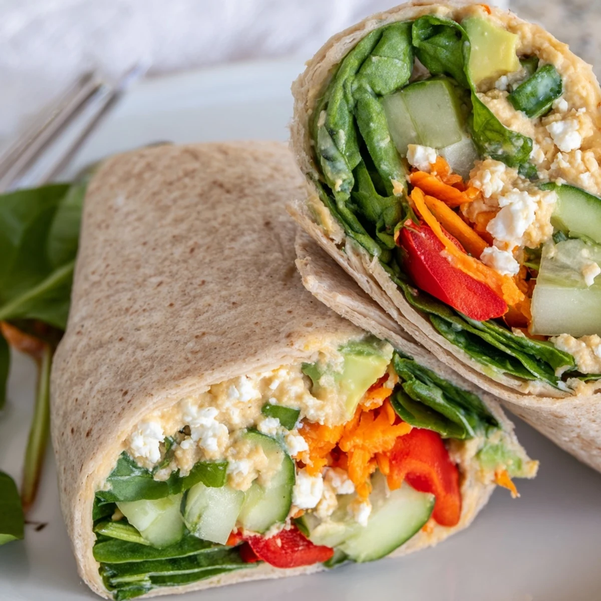Healthy spinach hummus lunch wraps diagonally sliced exposing vibrant layers of fresh vegetables