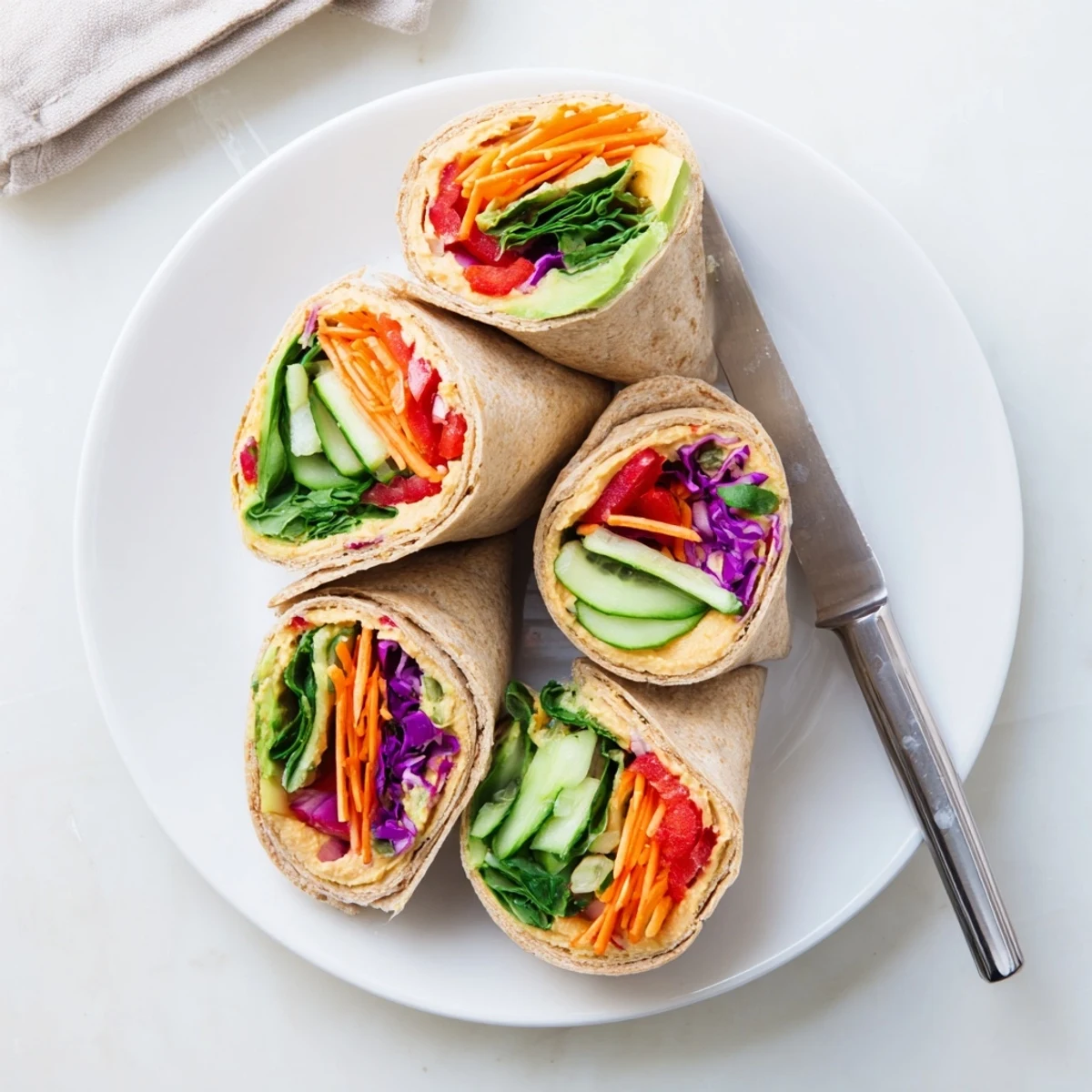 Fresh veggie wrap with hummus featuring colorful sliced vegetables rolled in whole wheat tortilla