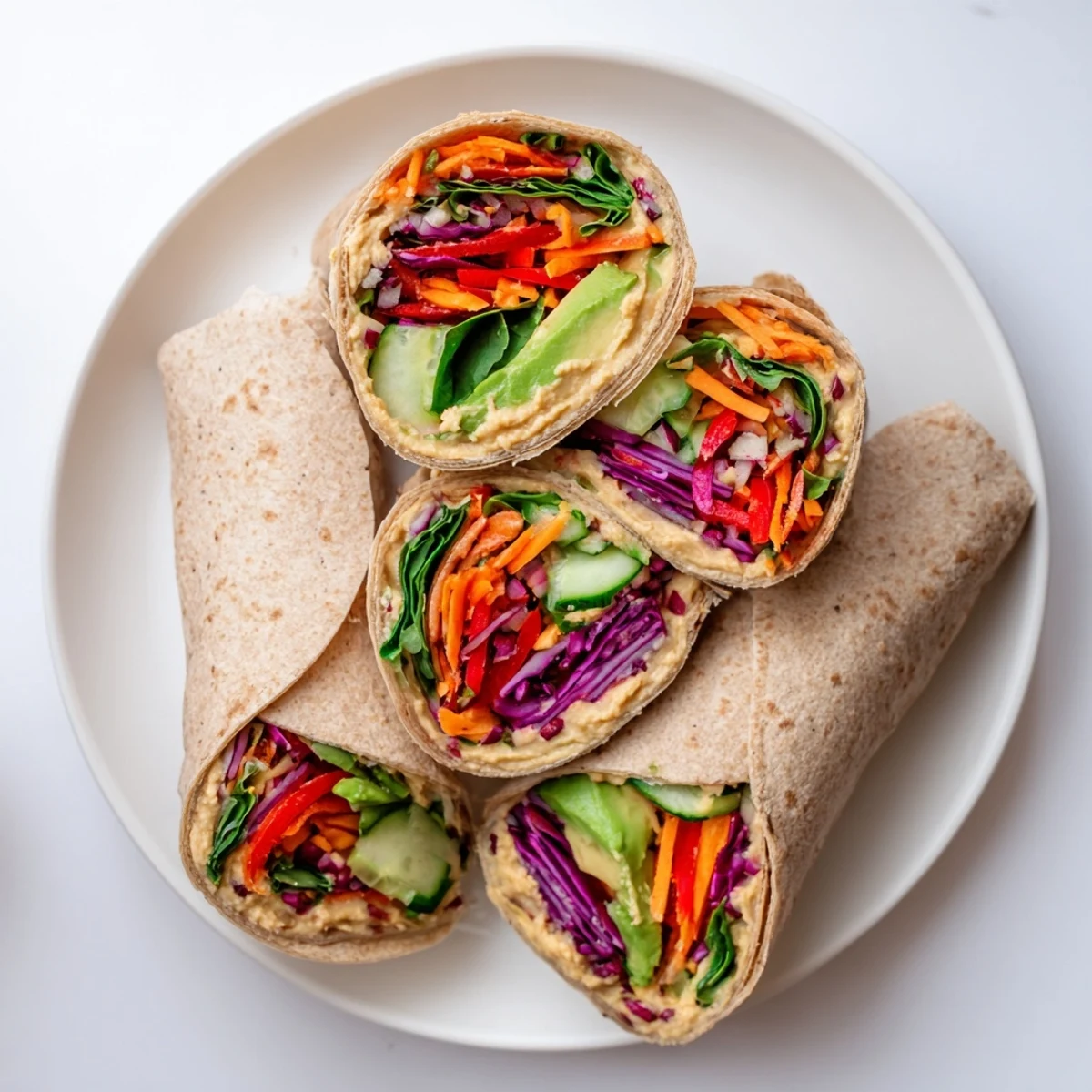 Mediterranean veggie wrap with hummus displaying crisp carrots spinach peppers and creamy spread inside