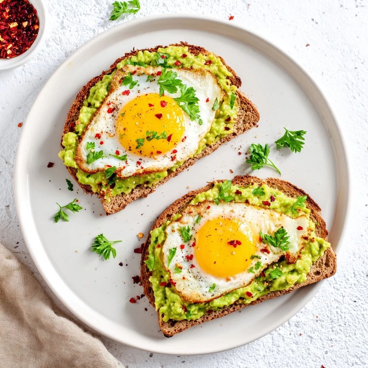 Simple avocado toast with egg featuring a runny yolk atop green avocado on crunchy whole grain toast