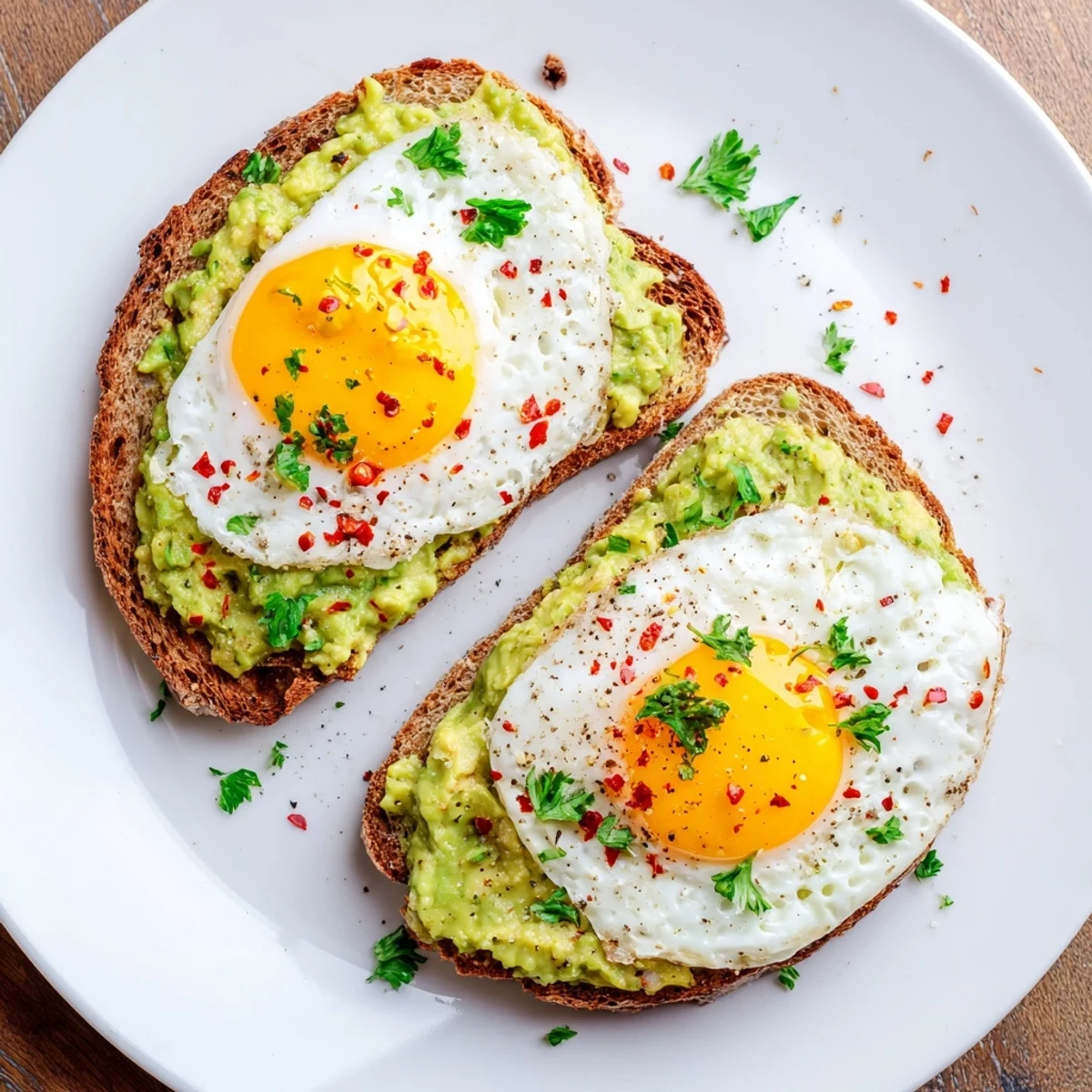 Golden toasted sourdough bread piled high with creamy mashed avocado and a perfectly fried egg