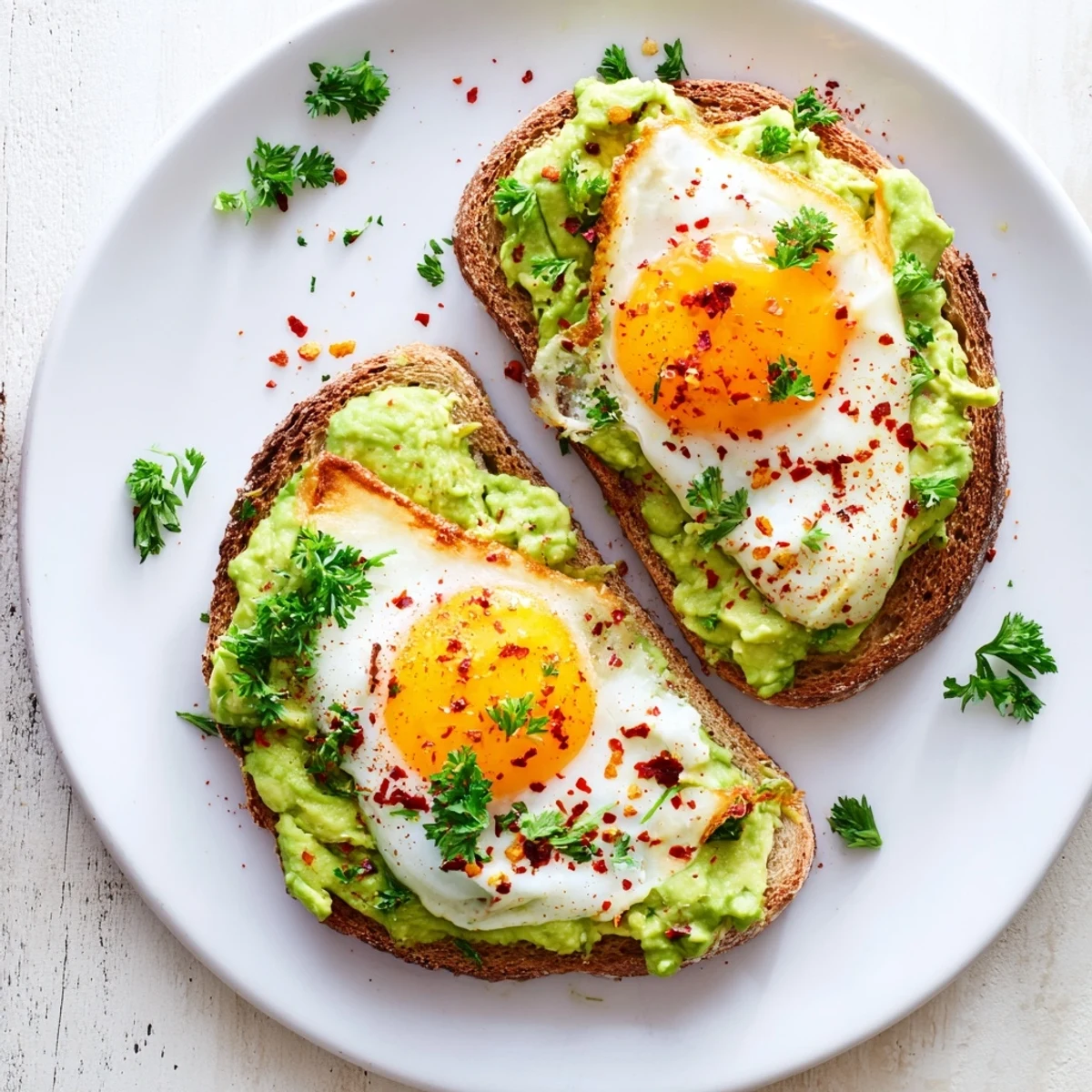 Plate of two avocado toast slices topped with sunny side up eggs and red pepper flakes