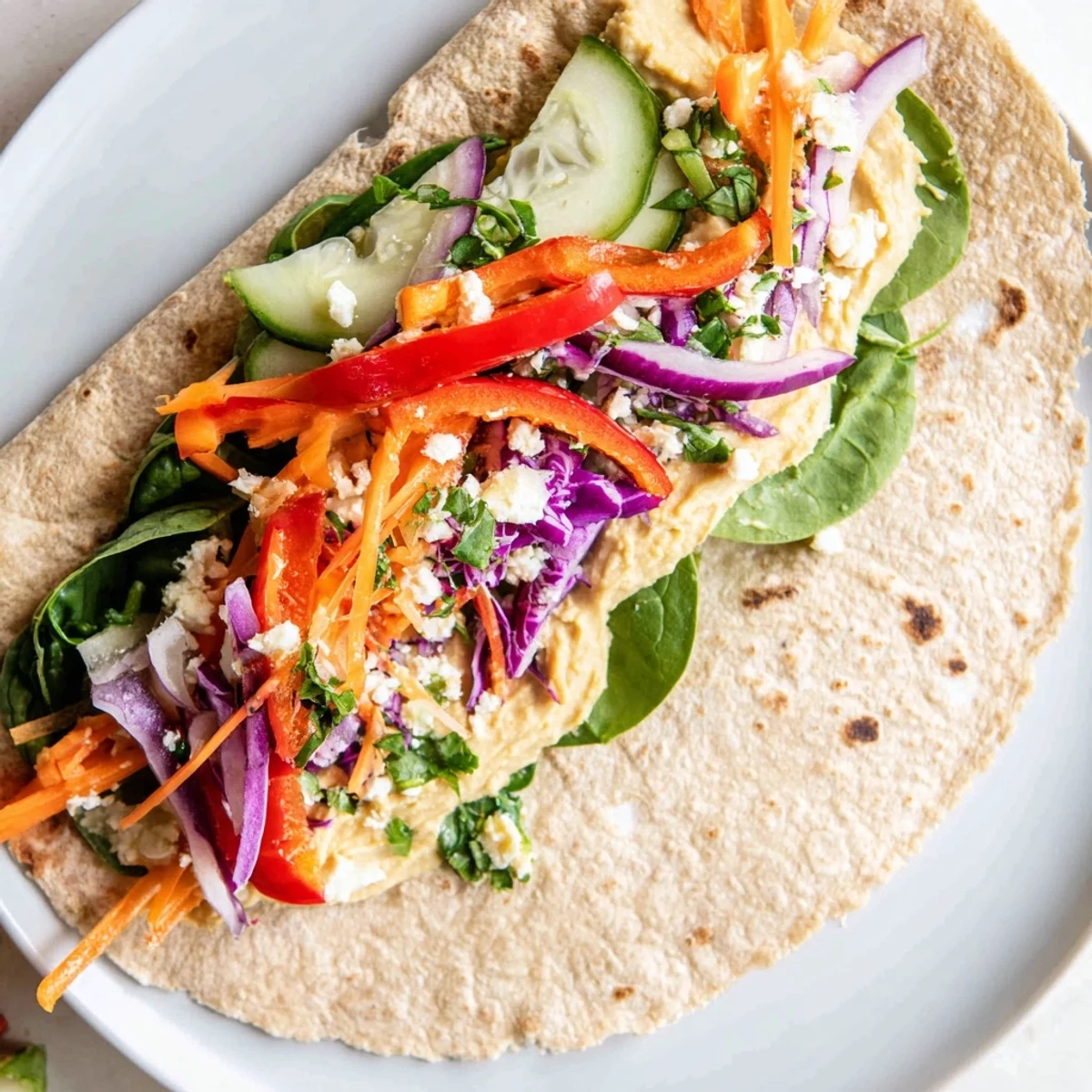 Golden whole wheat tortilla wrapped around creamy hummus and crisp colorful fresh vegetables sliced diagonally