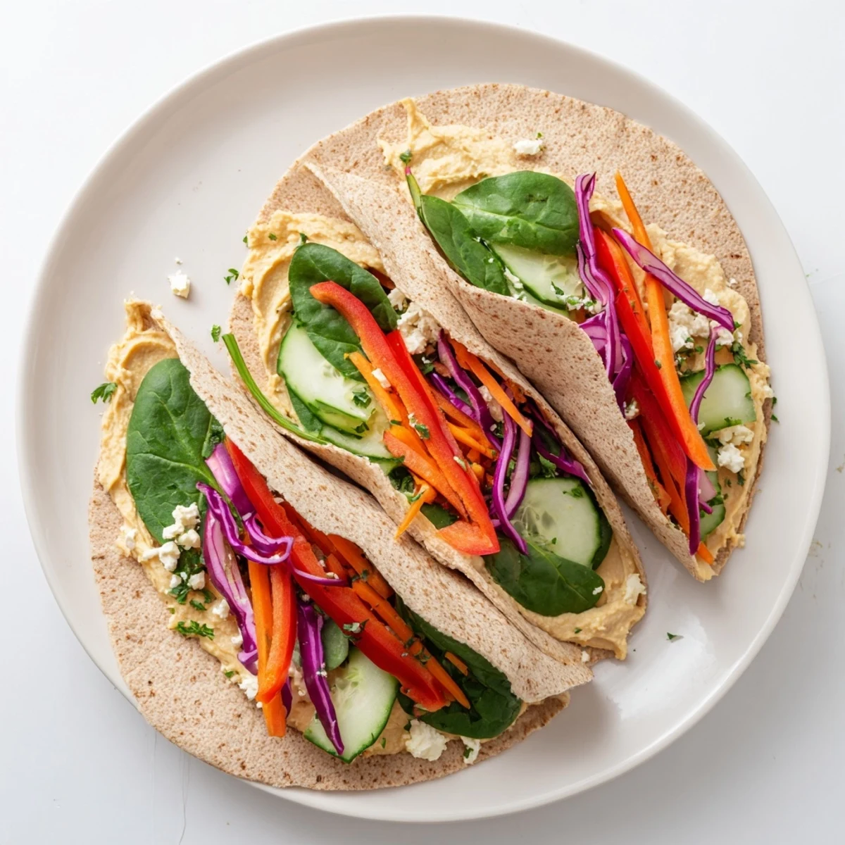Mediterranean hummus veggie wrap showcasing layers of red bell pepper cucumber spinach and purple cabbage
