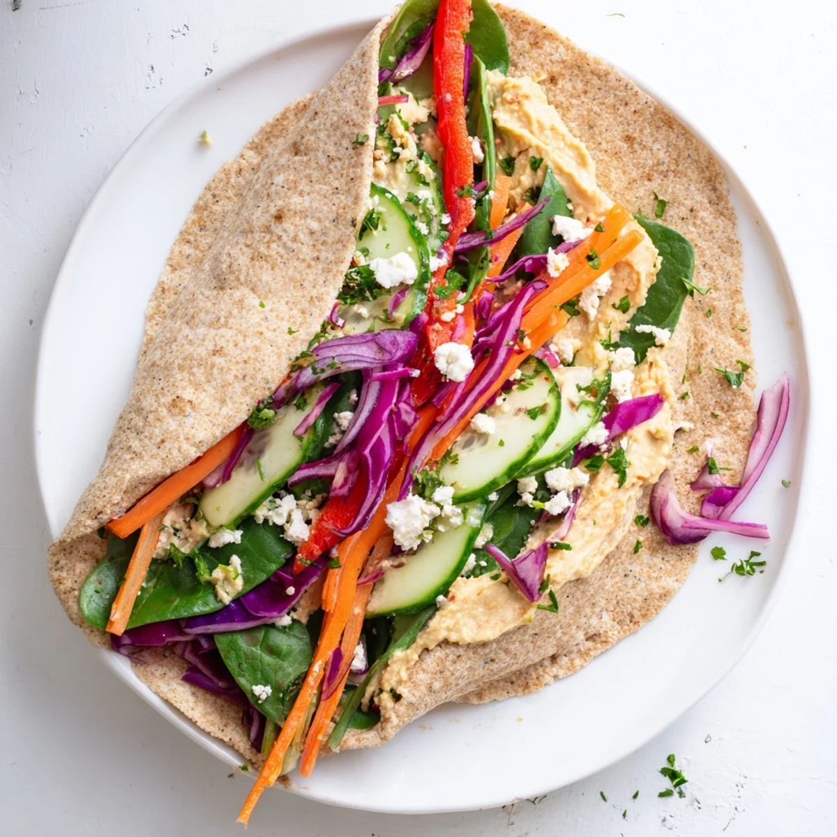 Healthy lunch wrap filled with smooth hummus crunchy julienned carrots and fresh sliced vegetables ready to serve