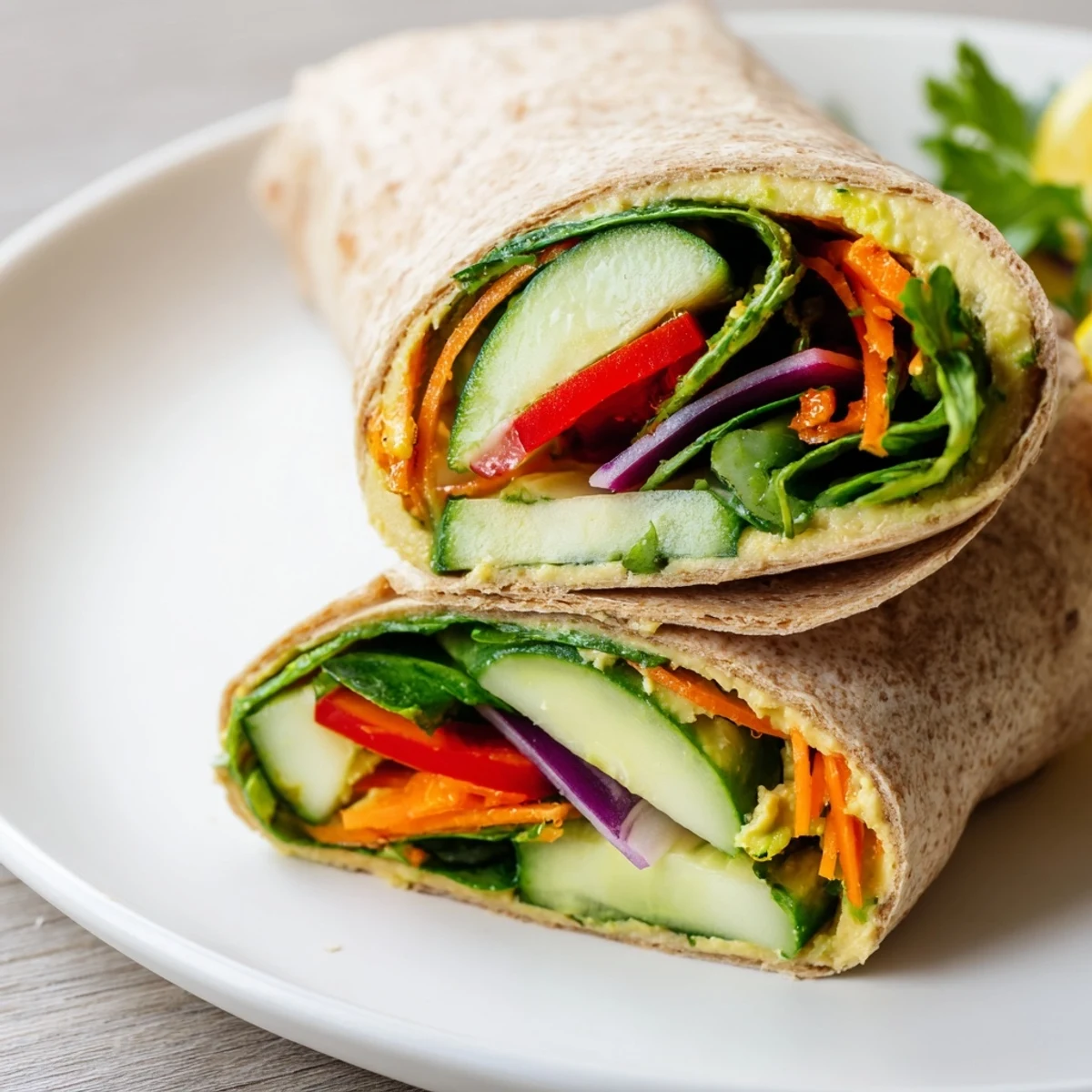 Golden whole wheat tortilla wrapped around creamy hummus and crisp colorful fresh vegetables