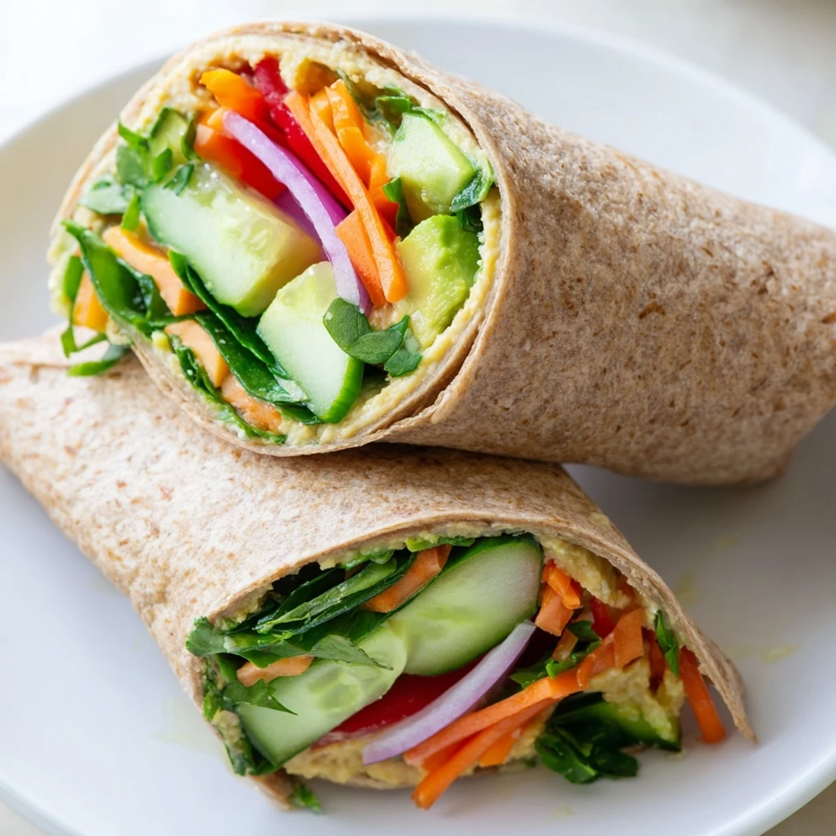 Mediterranean-inspired Heavenly Hummus Wrap displaying layers of spinach peppers cucumber and sliced avocado