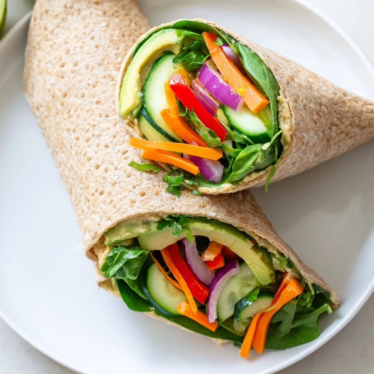 Cross-section of plant-based wrap filled with smooth hummus spread and crunchy garden veggies