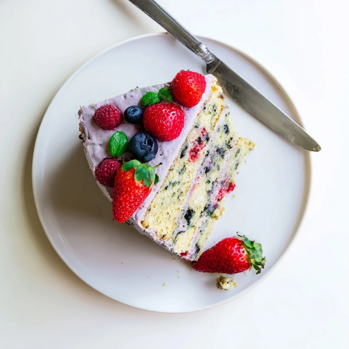 Basil berry cake slice topped with creamy frosting and fresh berries on white plate