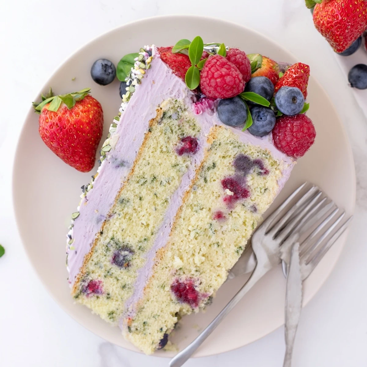 Layered basil berry cake with pink basil frosting garnished with strawberries and basil leaves