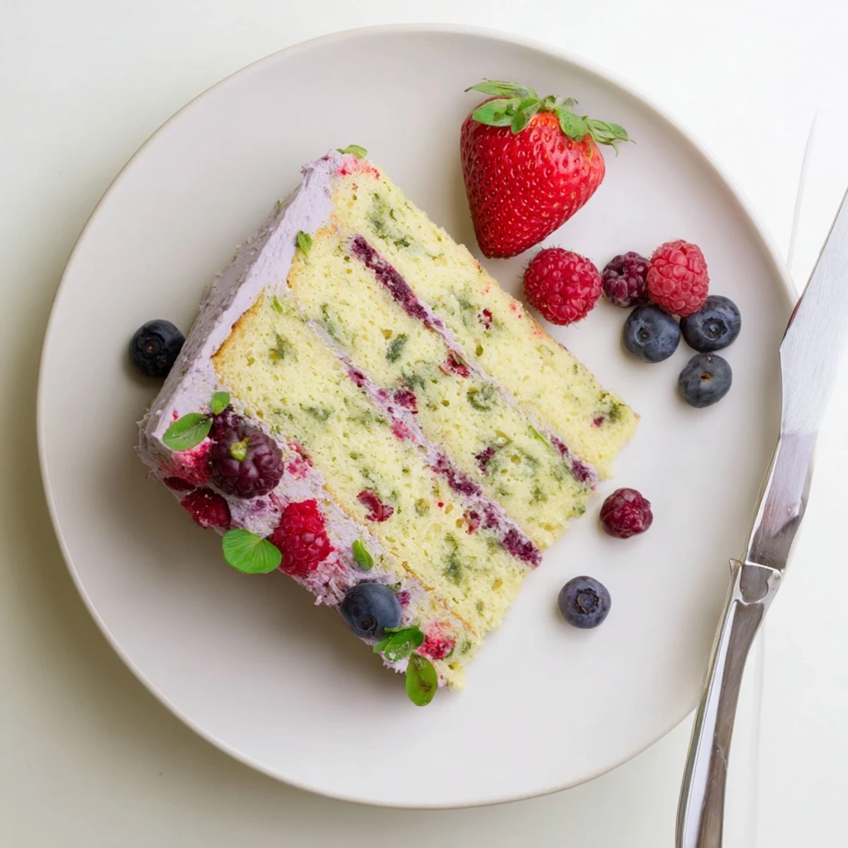 Square of basil berry cake showing purple berry swirls inside moist green-flecked crumb