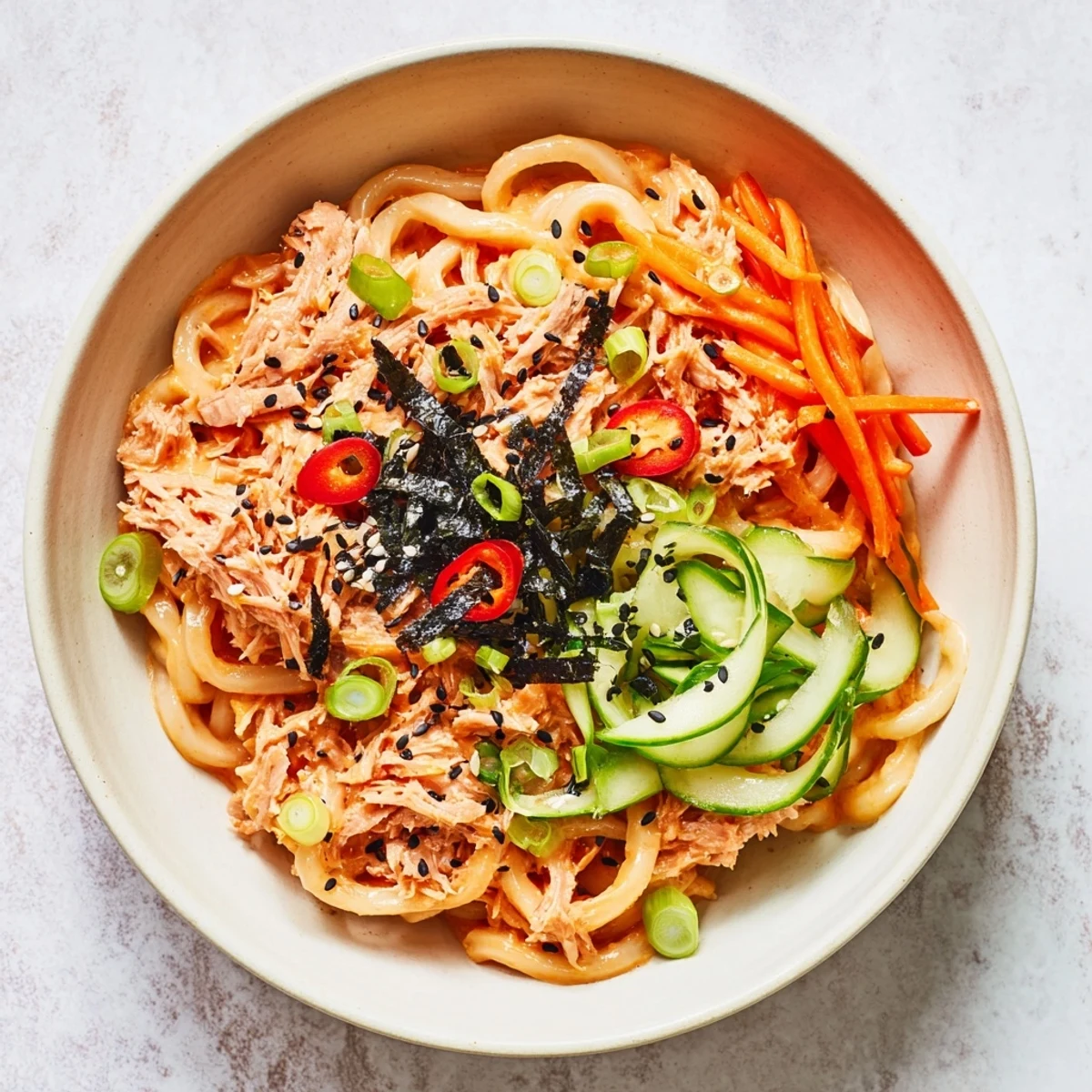 Glossy udon noodles tossed with spicy tuna in a rich sesame Sriracha sauce, topped with fresh cucumber and carrot