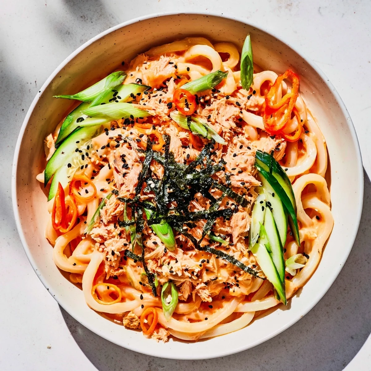 Japanese-style spicy tuna udon dish with tender noodles, julienned vegetables, and toasted sesame seeds sprinkled on top