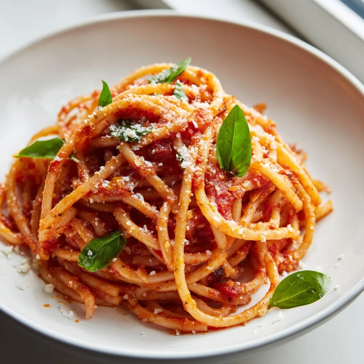 Golden tomato pasta recipe featuring tender noodles coated in savory Italian herb sauce