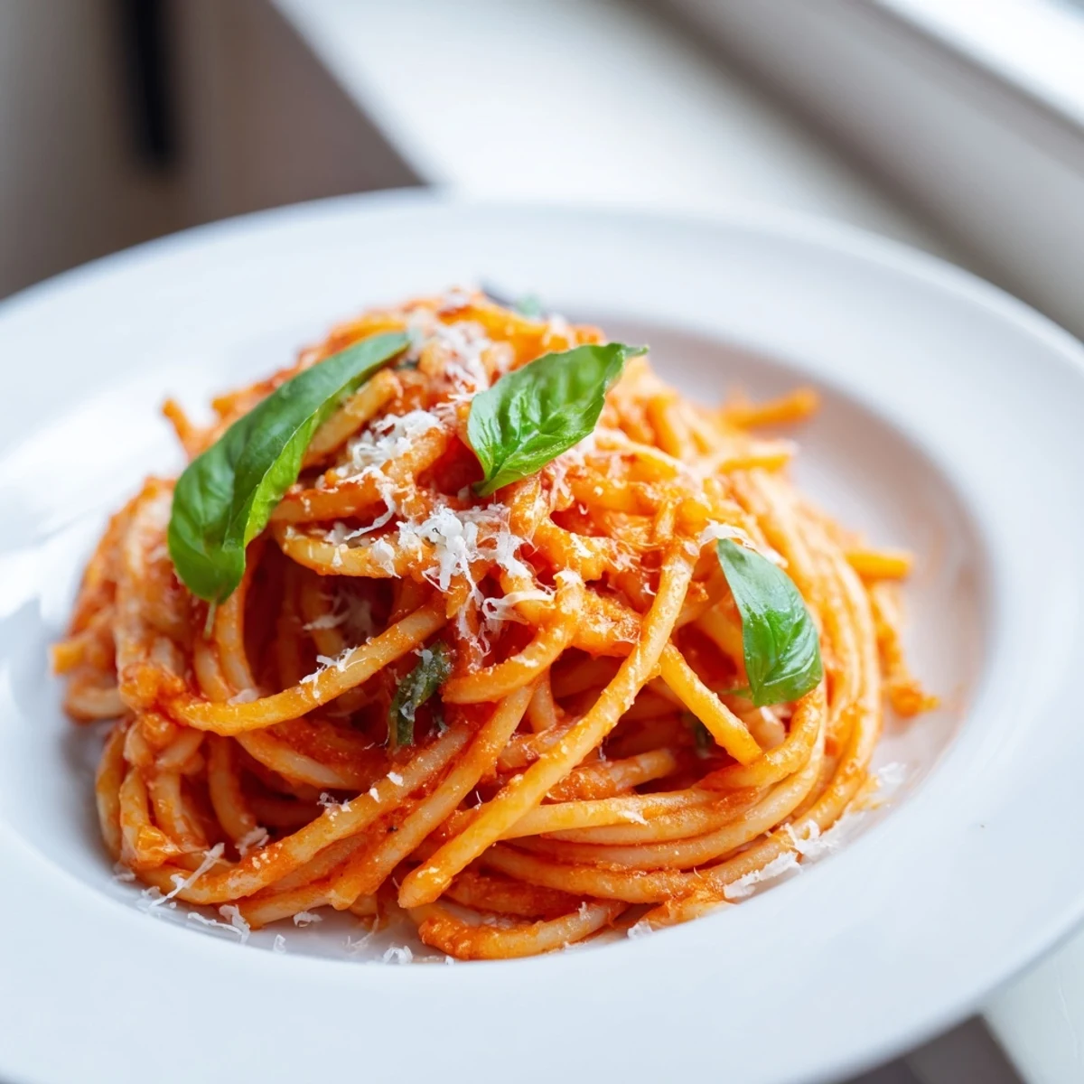 Hearty pasta dish with vibrant red tomato sauce topped with grated Parmesan cheese