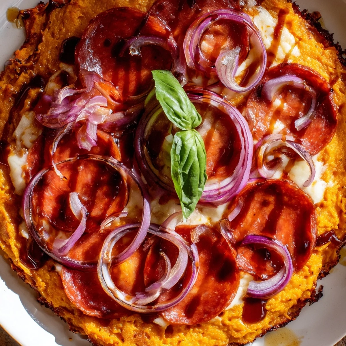 Golden pepperoni hot honey pizza with sweet potato crust drizzled with spicy honey