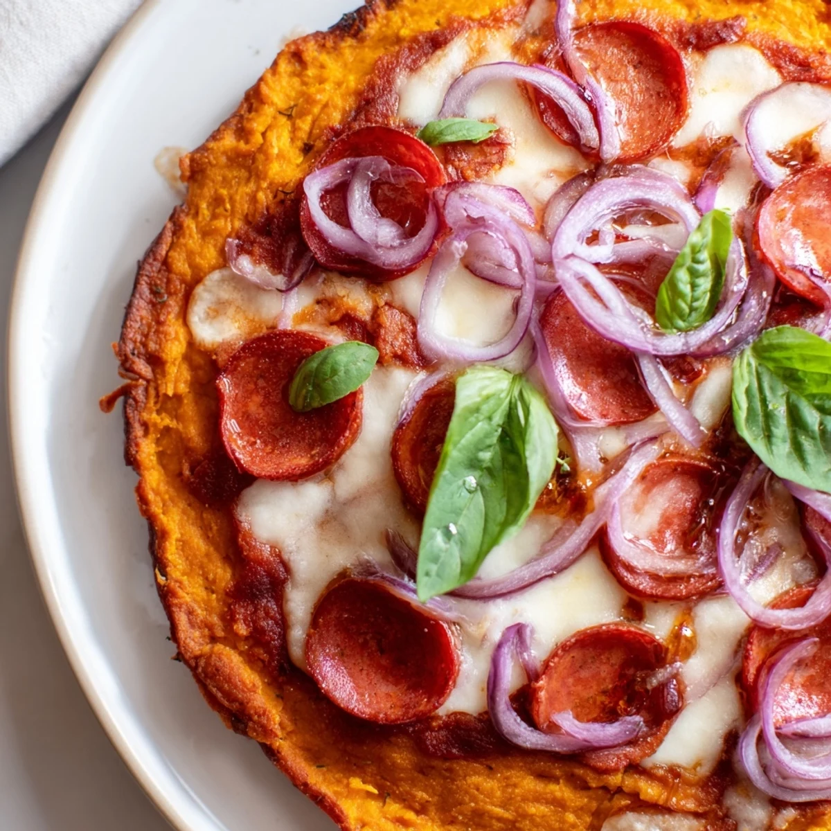 Sliced pepperoni and red onion on sweet potato crust pizza finished with hot honey glaze