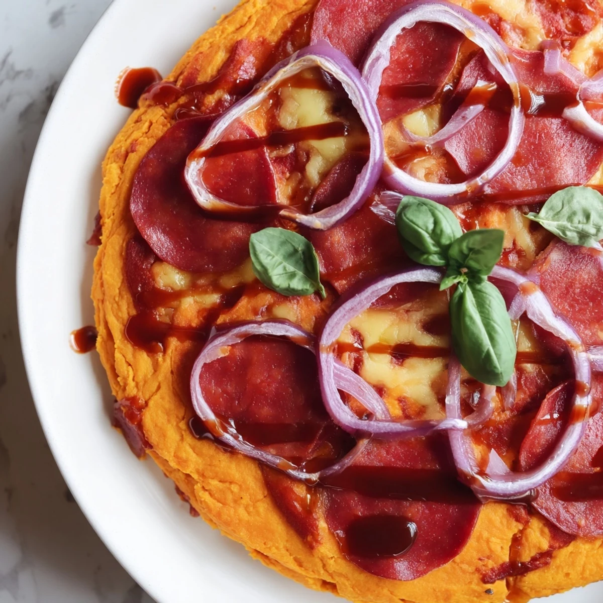 Gluten-free pepperoni hot honey pizza featuring sweet potato crust topped with bubbling melted cheese